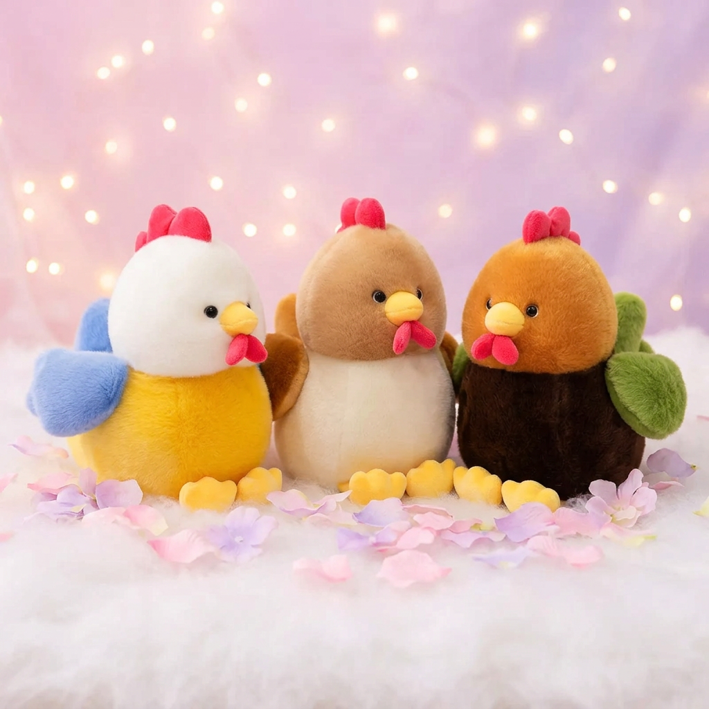 All three kawaii chicken plushies together in a dreamy pastel scene