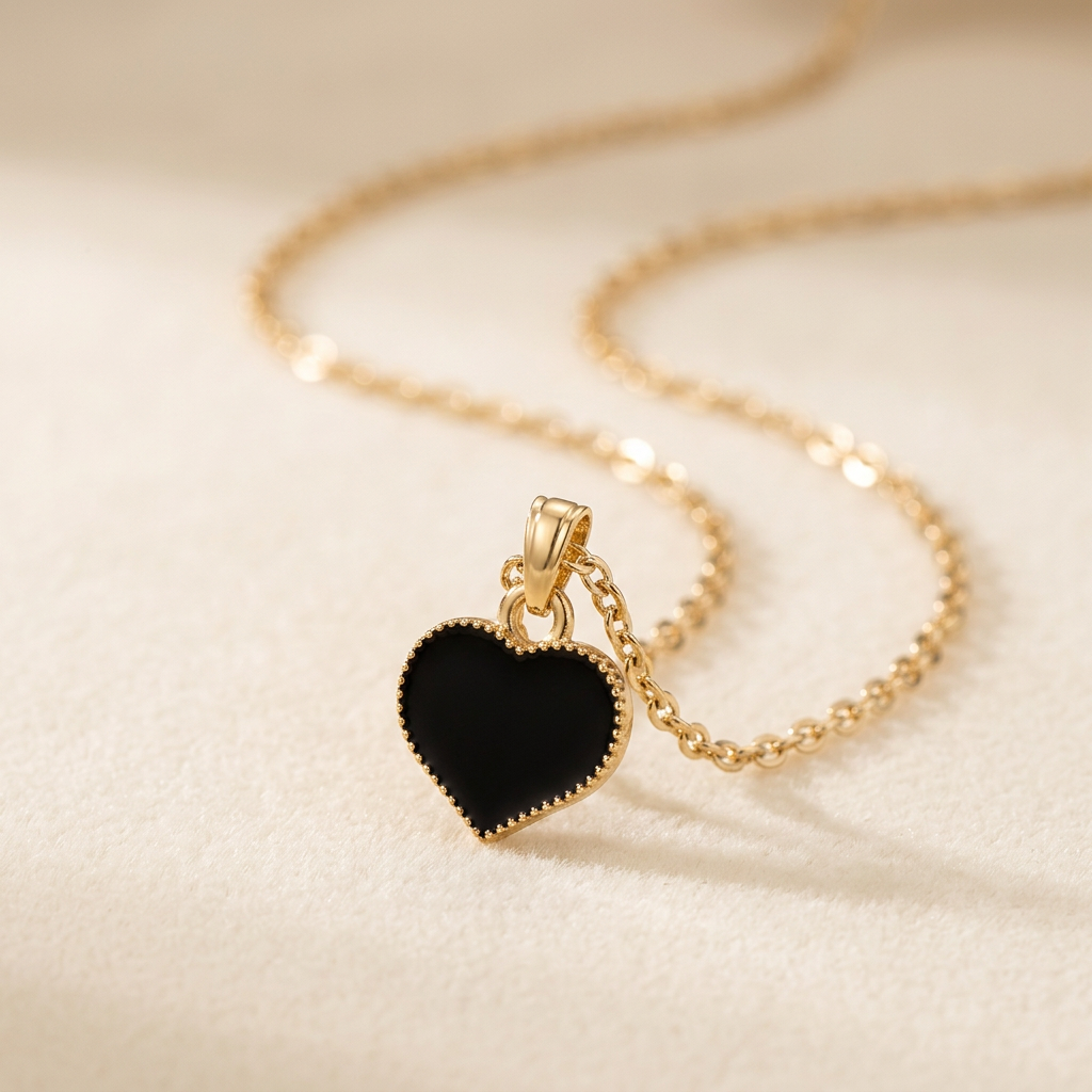 Black enamel heart necklace with gold-tone chain on ivory