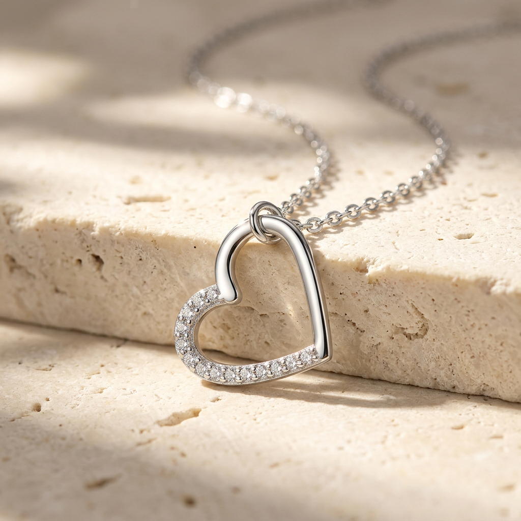 Silver open heart necklace on ivory stone