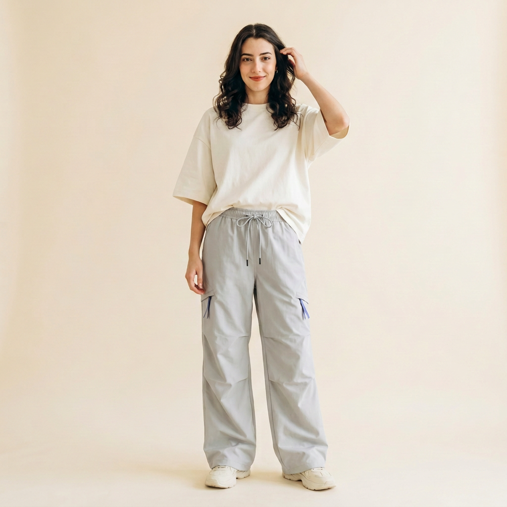 Light Grey parachute cargo pants with oversized ivory tee