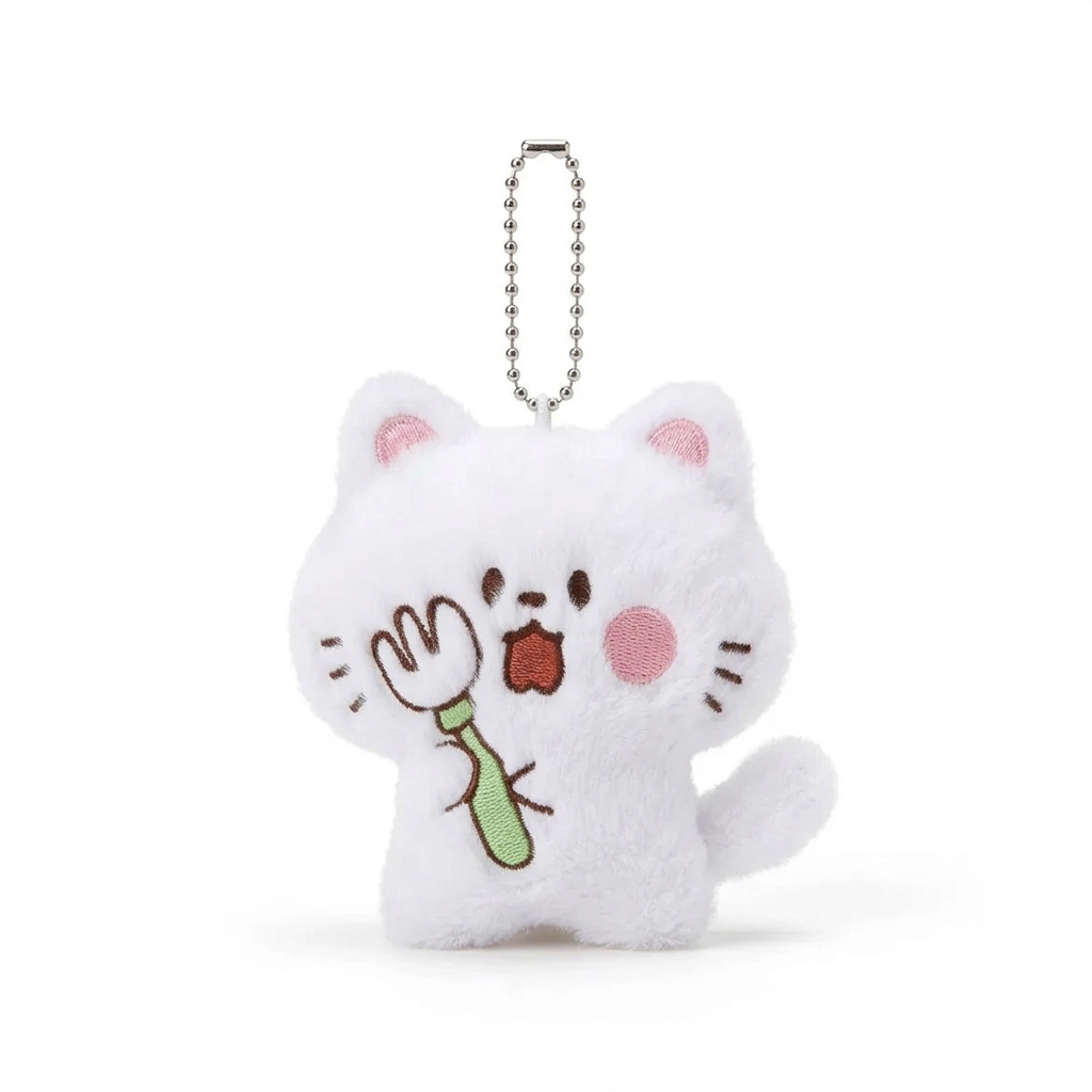 Kawaii plush kitten bag charm - fork variant - white studio