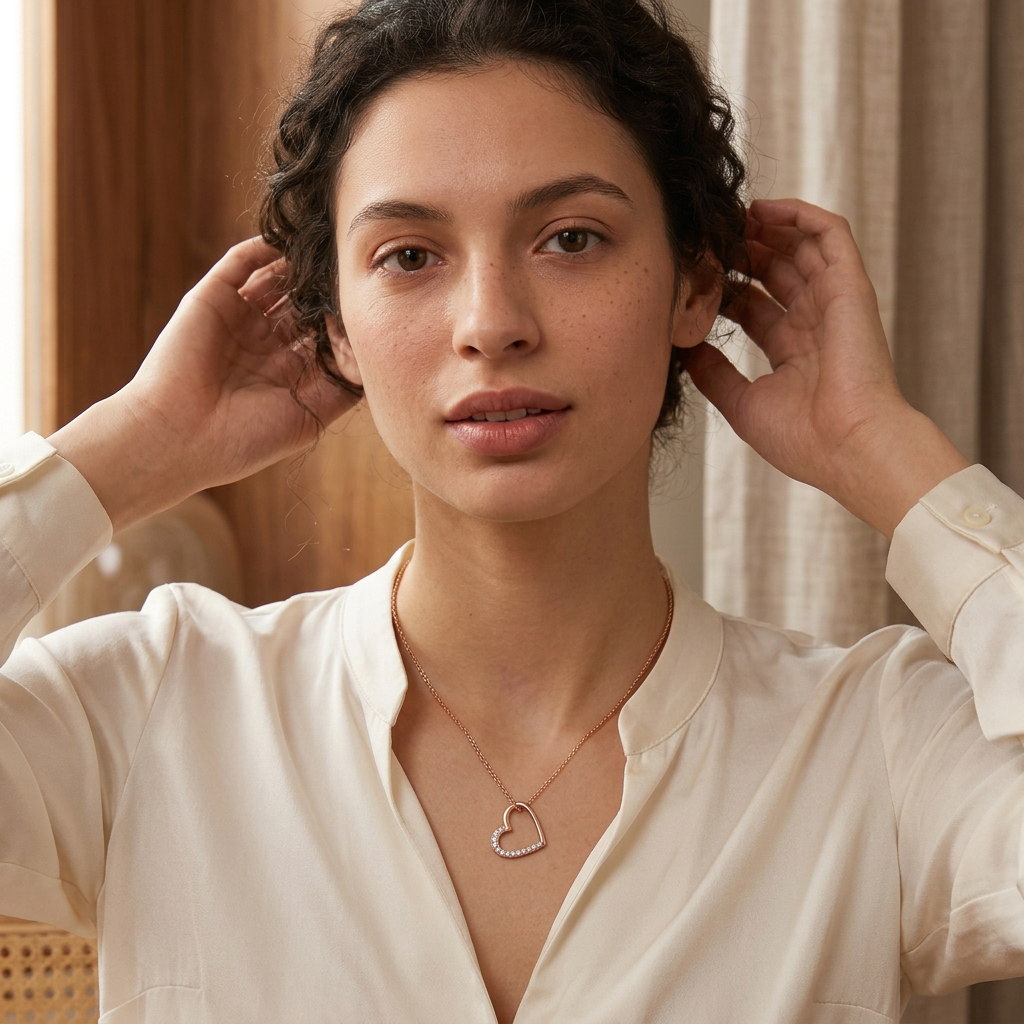 Model wearing rose gold open heart necklace, angled close-up