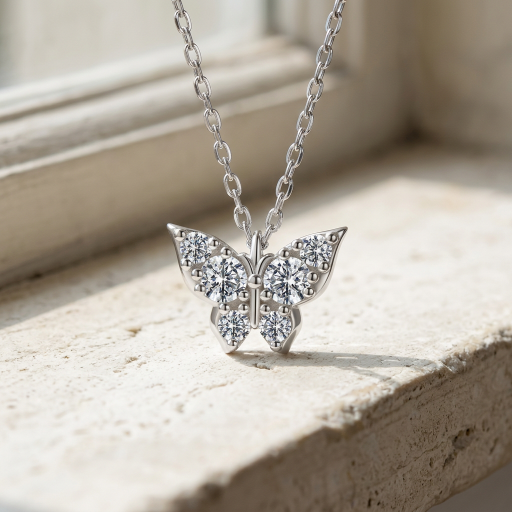 Silver moissanite butterfly necklace on ivory stone