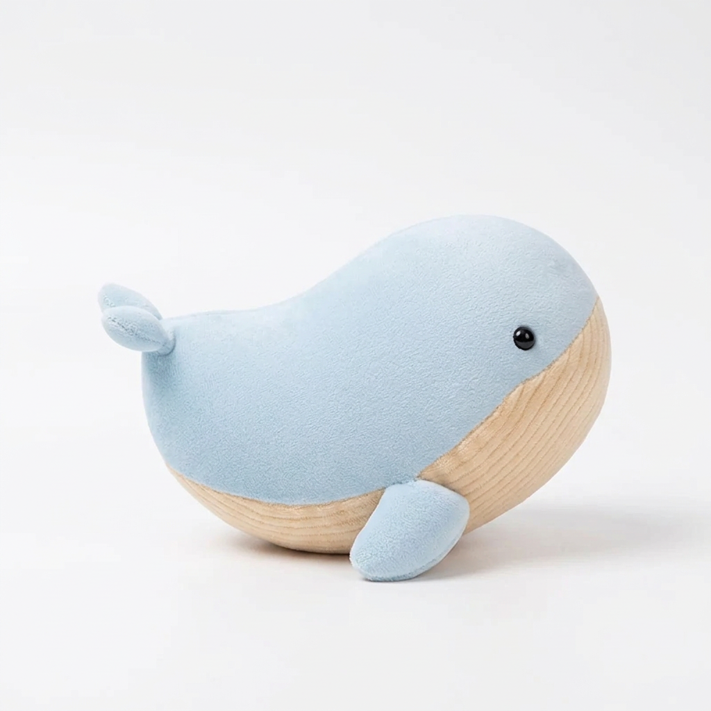 Blue kawaii whale plushie on clean white studio background