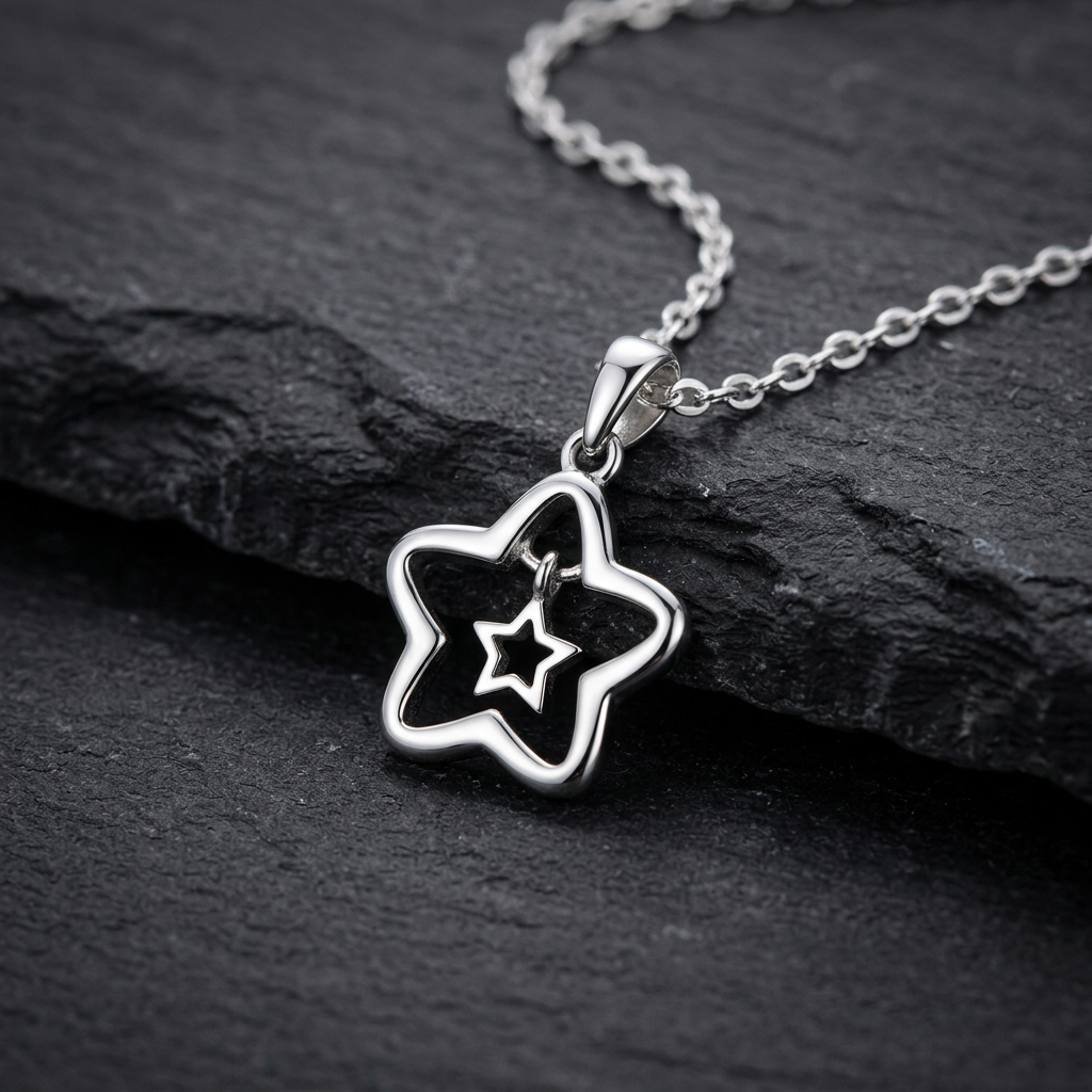 Close-up of open star pendant with a smaller star inside on charcoal stone