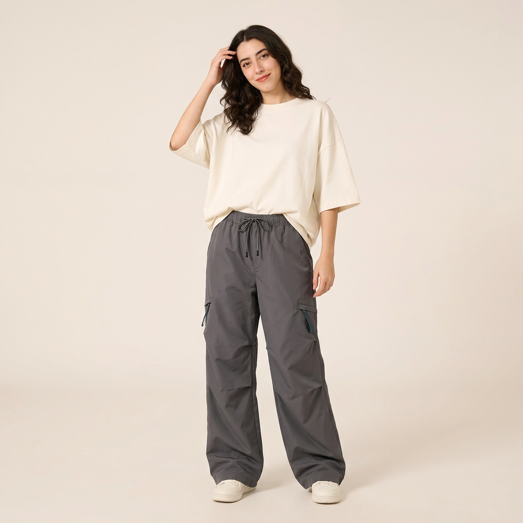 Dark Grey parachute cargo pants with oversized ivory tee