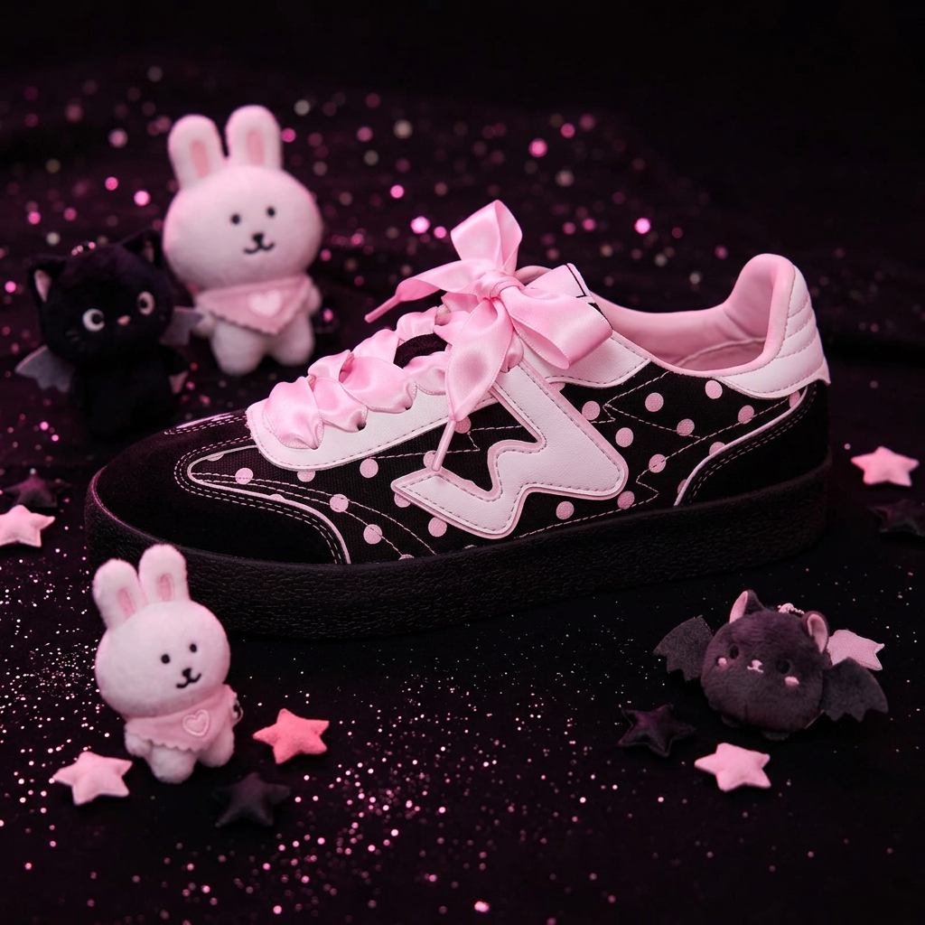 Polka dot kawaii sneaker - dark kawaii theme with pink glow