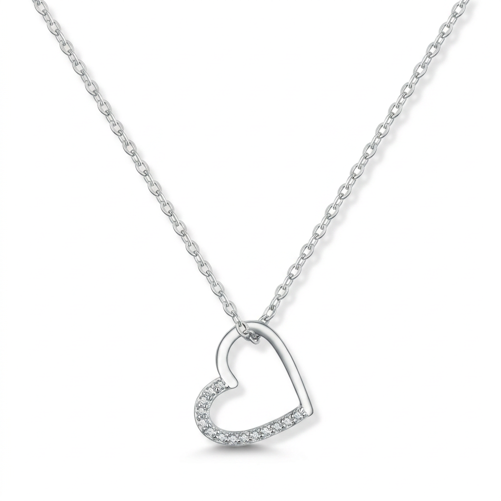 Silver open heart necklace, clean display