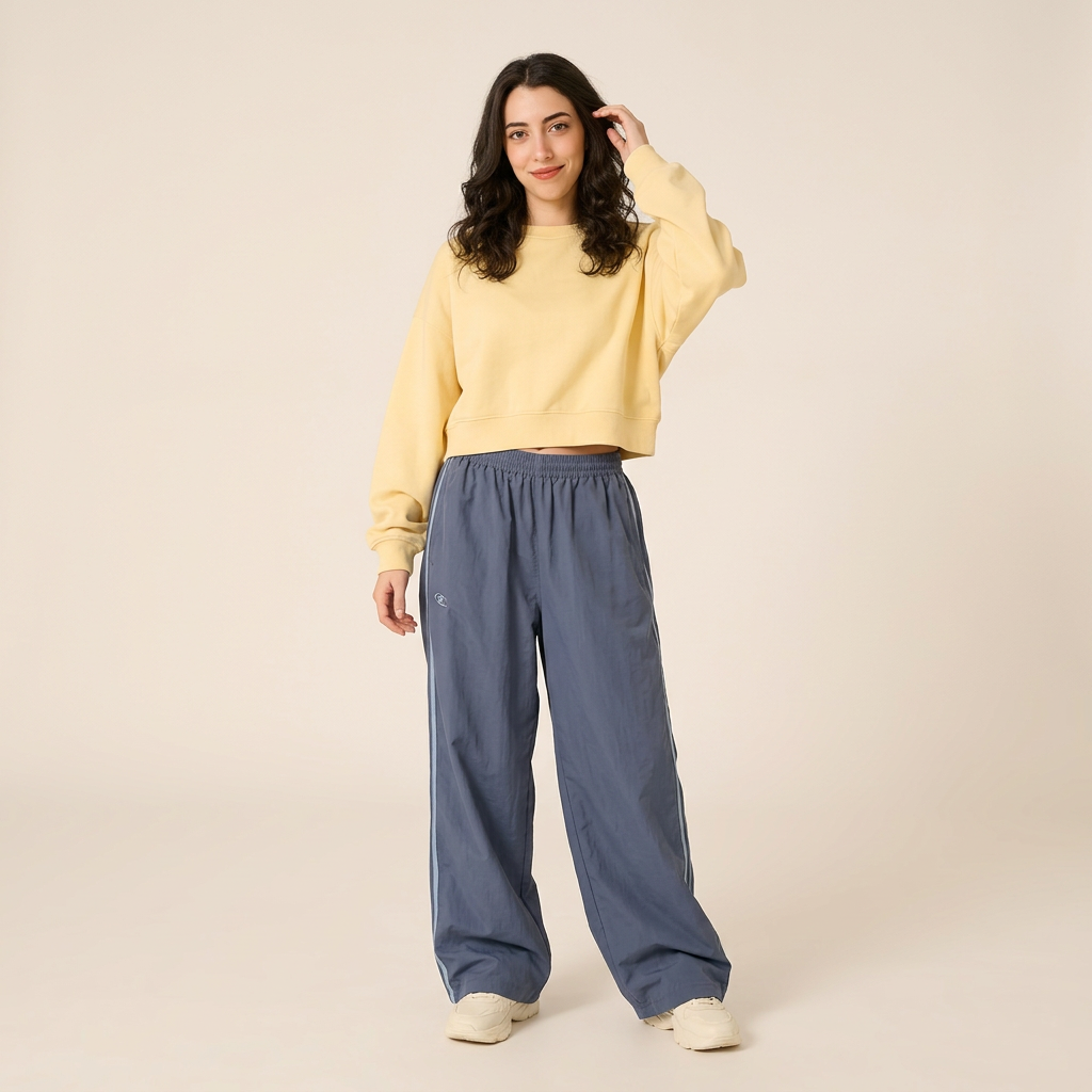 Slate blue Off-Duty Stripe Pants, full outfit