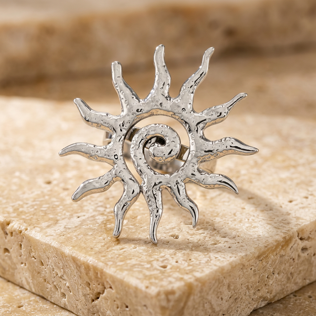 Silver-tone spiral sun statement ring on ivory stone