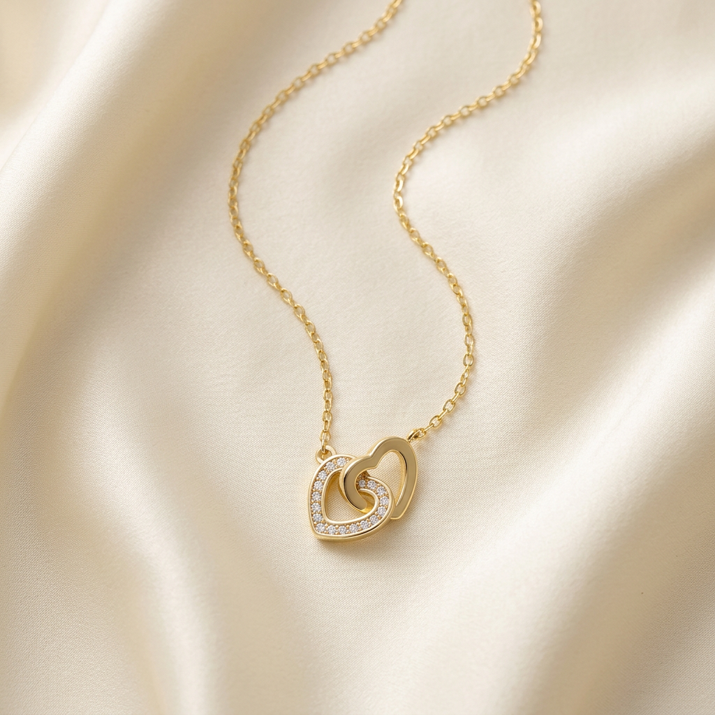Gold-tone linked heart necklace on satin