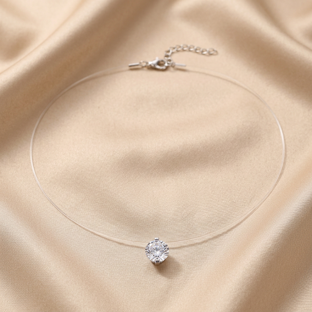 Clear rhinestone necklace with transparent cord and extension clasp on champagne silk