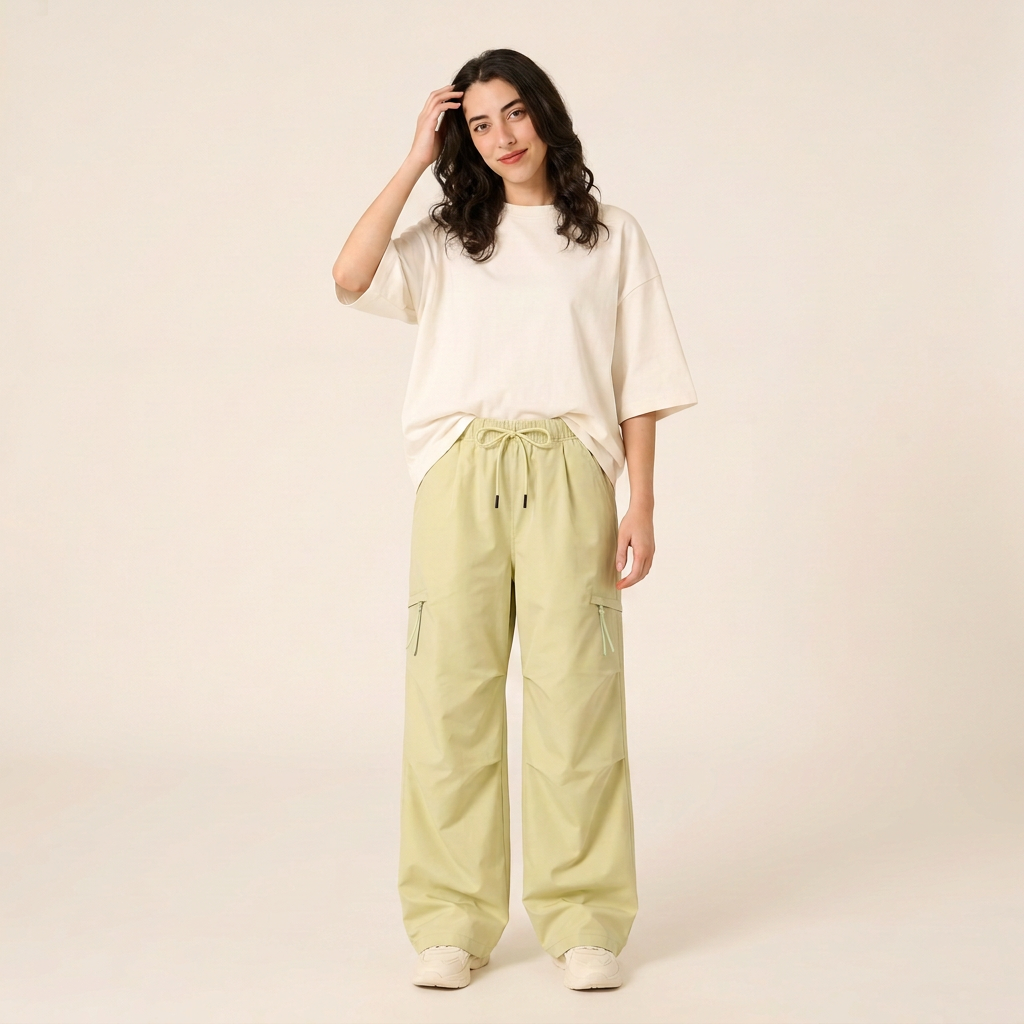 Light Yellow parachute cargo pants with oversized ivory tee