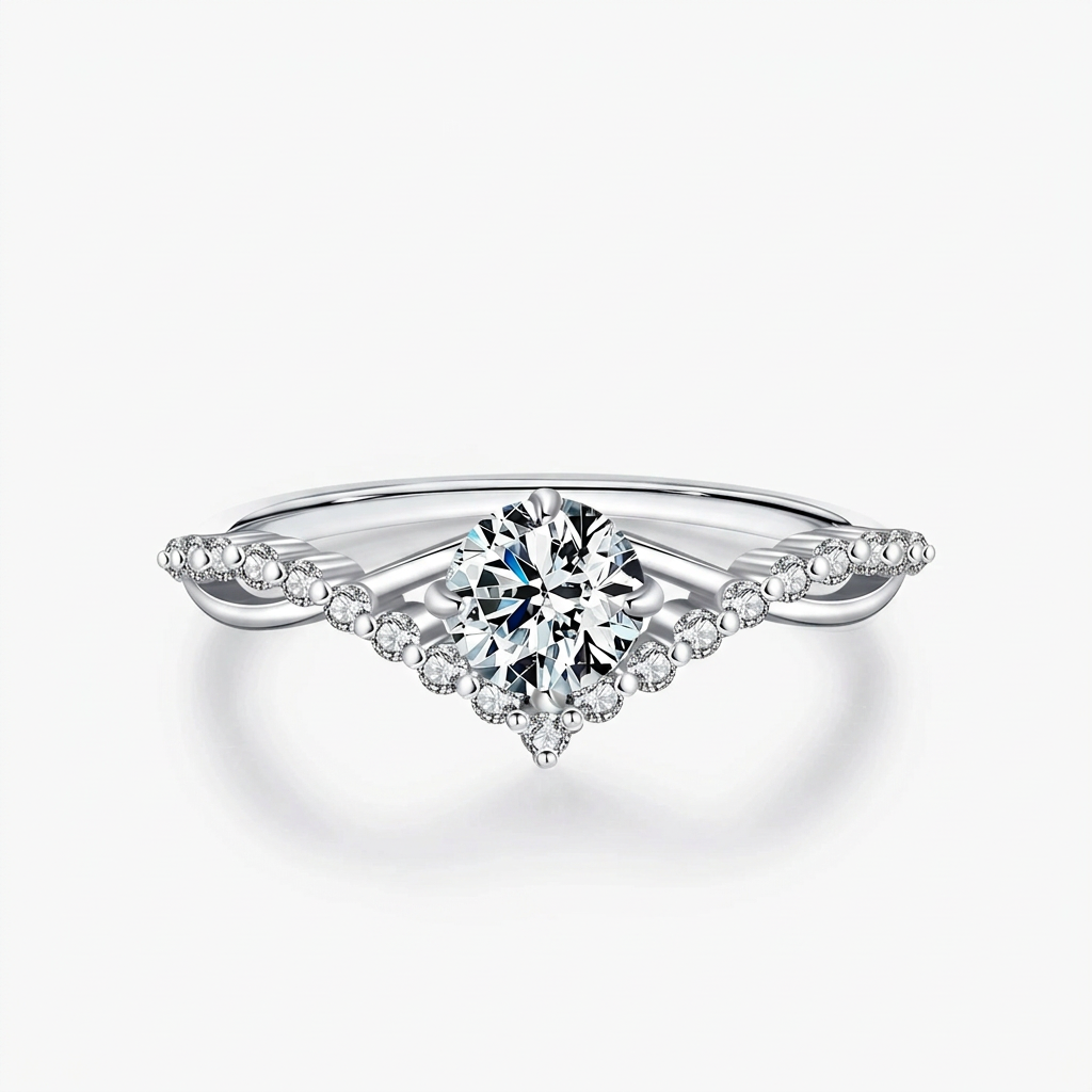 Silver moissanite crown ring, clean display