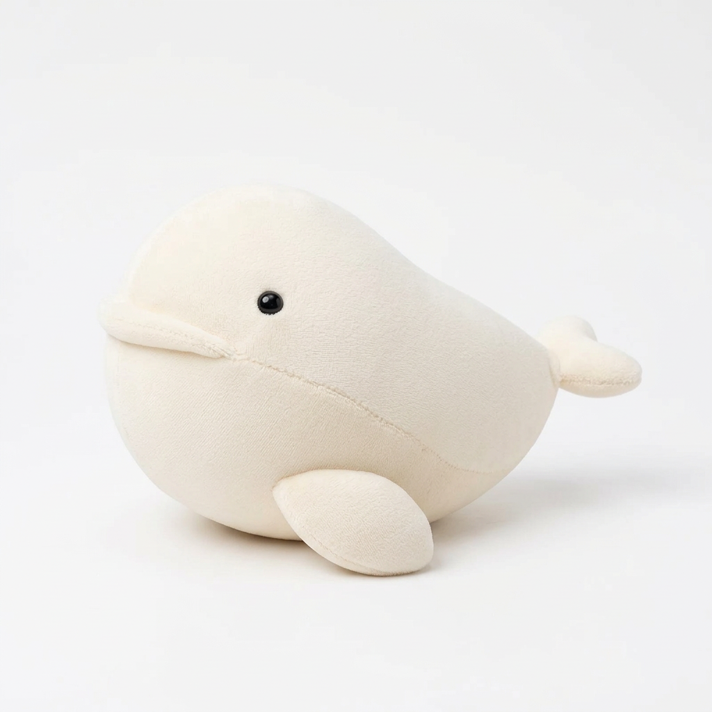 White kawaii whale plushie on clean white studio background