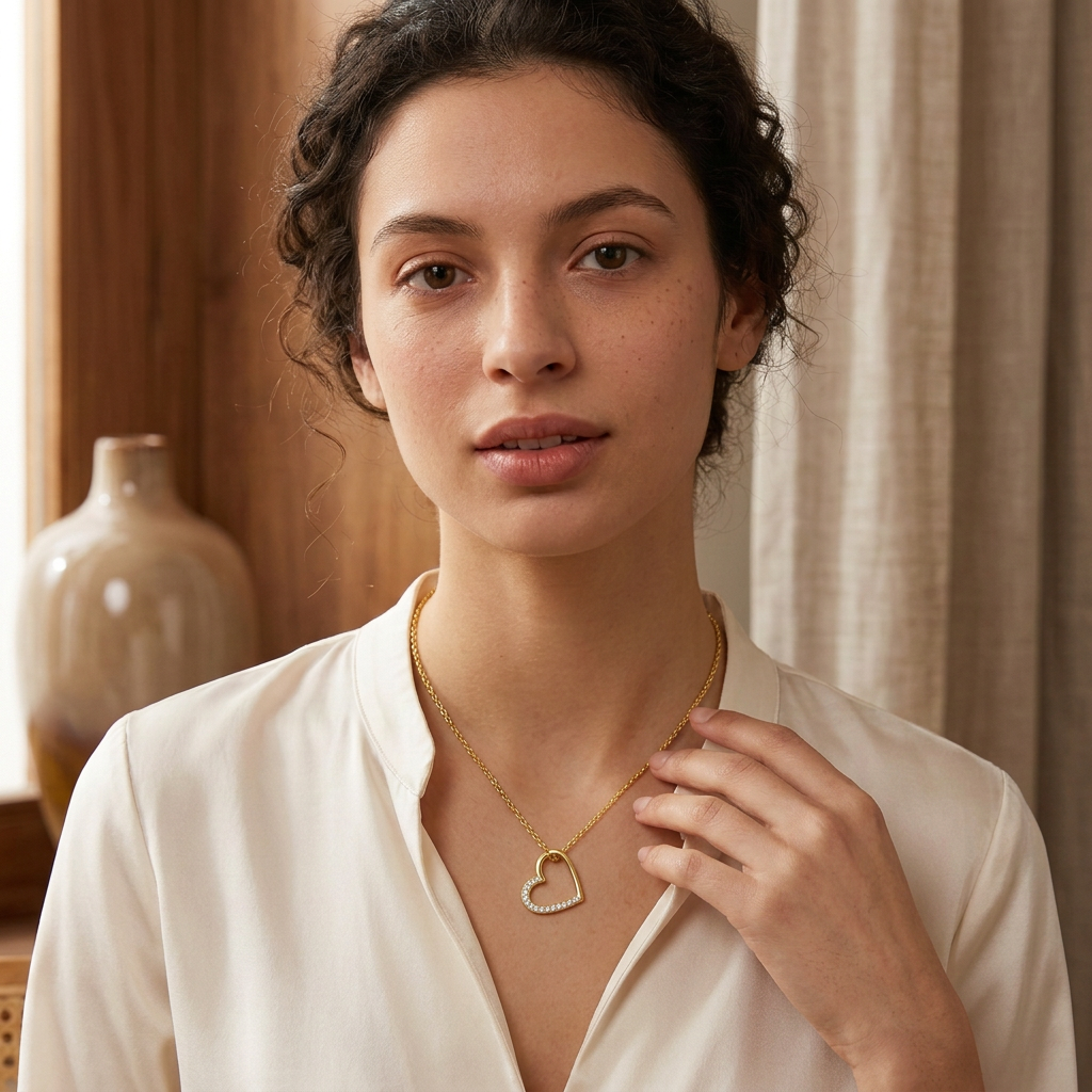 Model wearing gold open heart necklace, front close-up