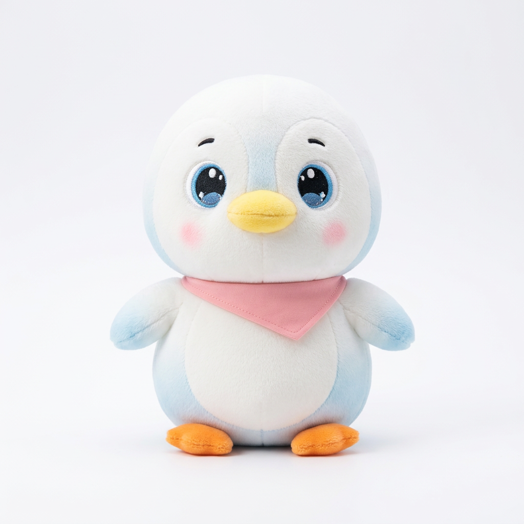 White duck kawaii plushie on white studio background