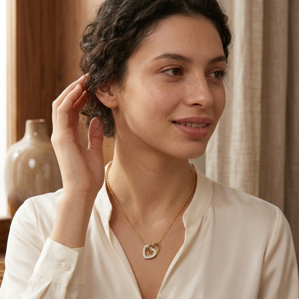 Model wearing gold-tone linked heart necklace, three-quarter pose