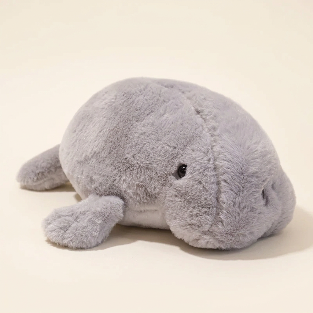 Gray chubby manatee plushie on soft creamy white background