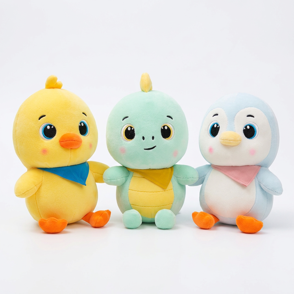 All 3 kawaii plushies — yellow duck, mint turtle, white penguin — on clean white background