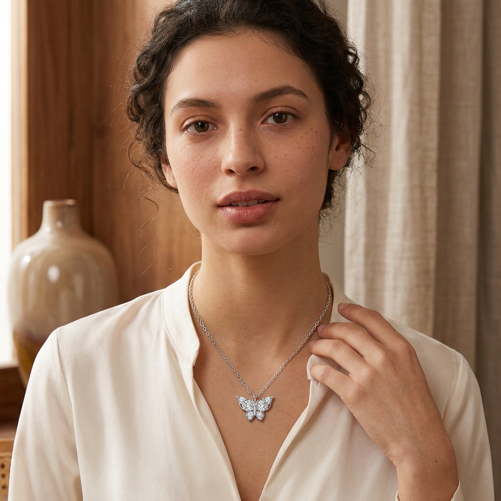 Model wearing silver moissanite butterfly necklace, front close-up