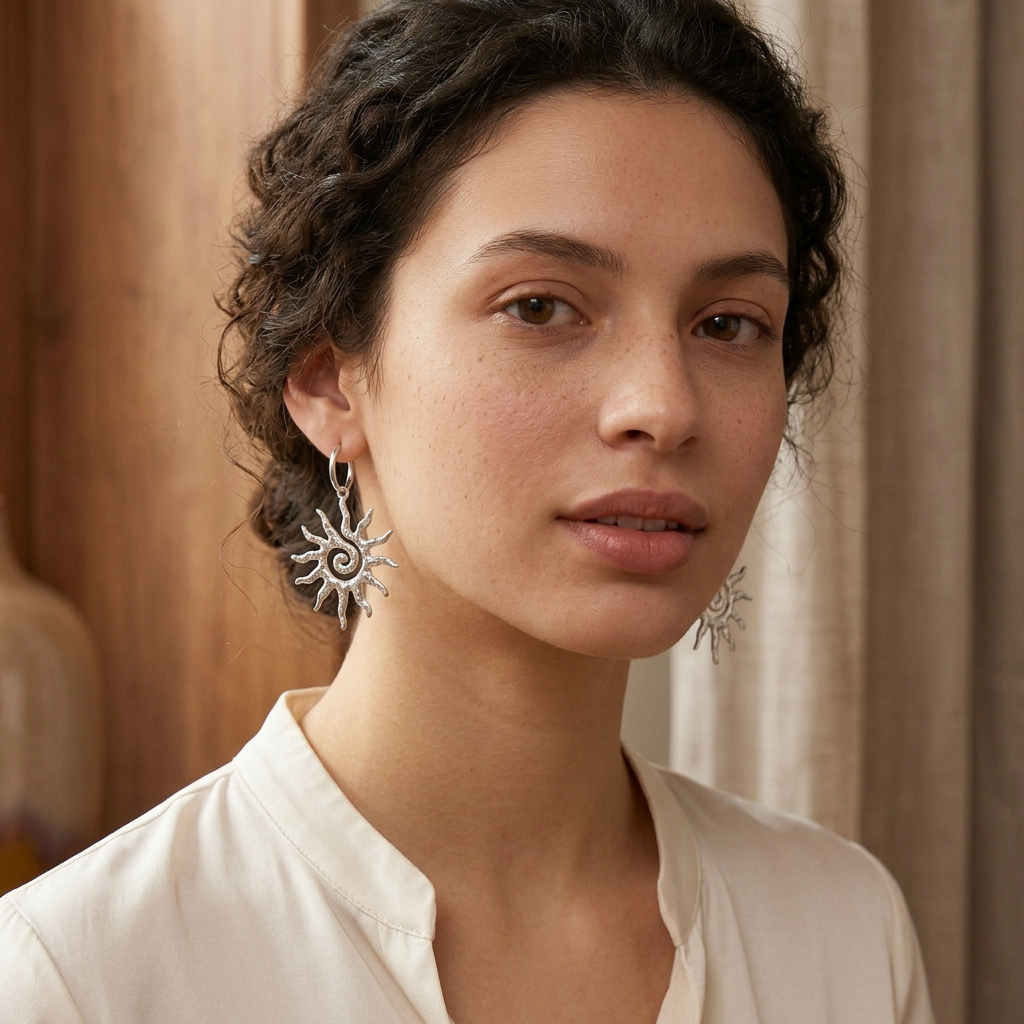 Woman wearing silver-tone spiral sun drop earrings with her hair swept back