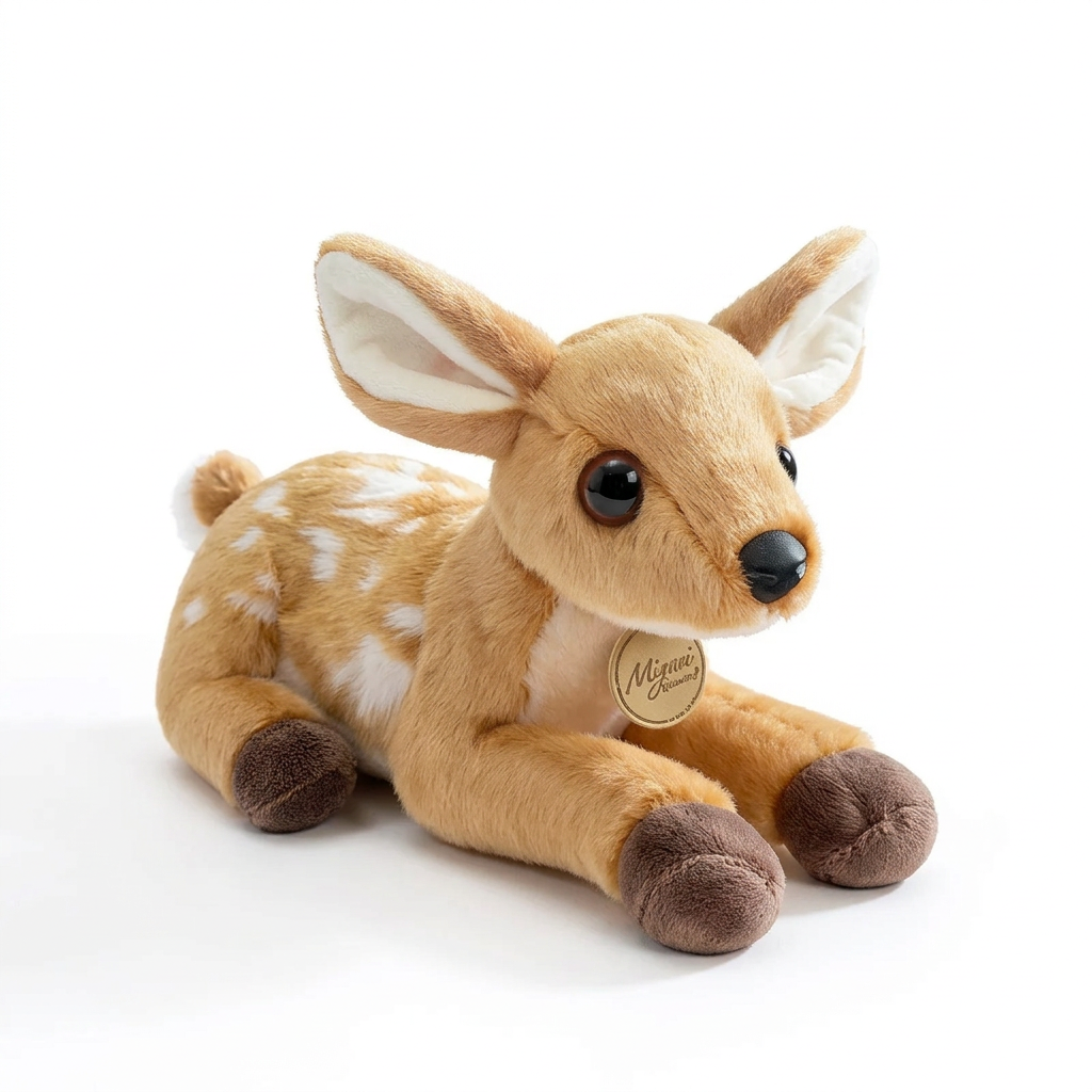 Female doe deer plushie 30cm on clean white studio background