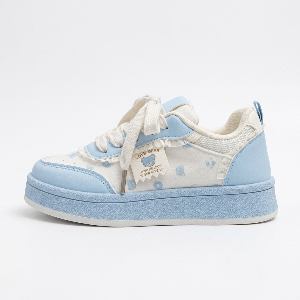 Sky blue kawaii platform sneakers side view on white background