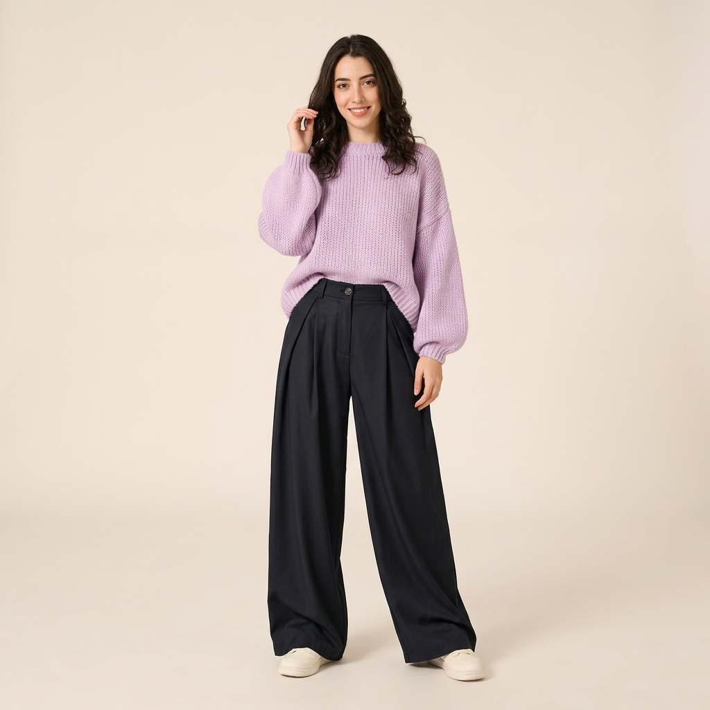 Black oversized trousers full outfit with roomy lilac knit