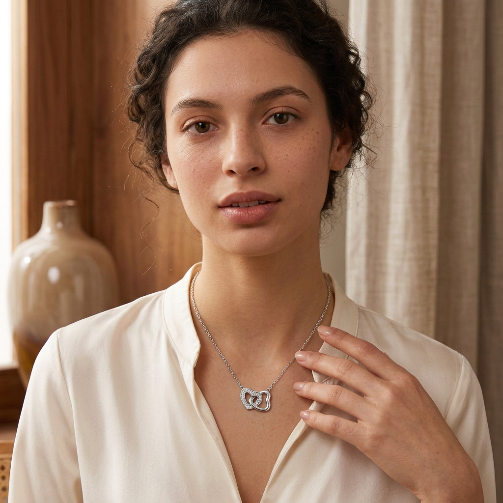 Model wearing silver linked heart necklace, front pose