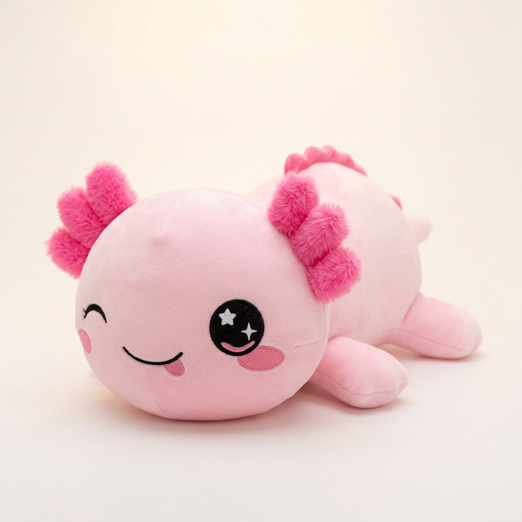 Soft pink kawaii axolotl plushie on creamy white background