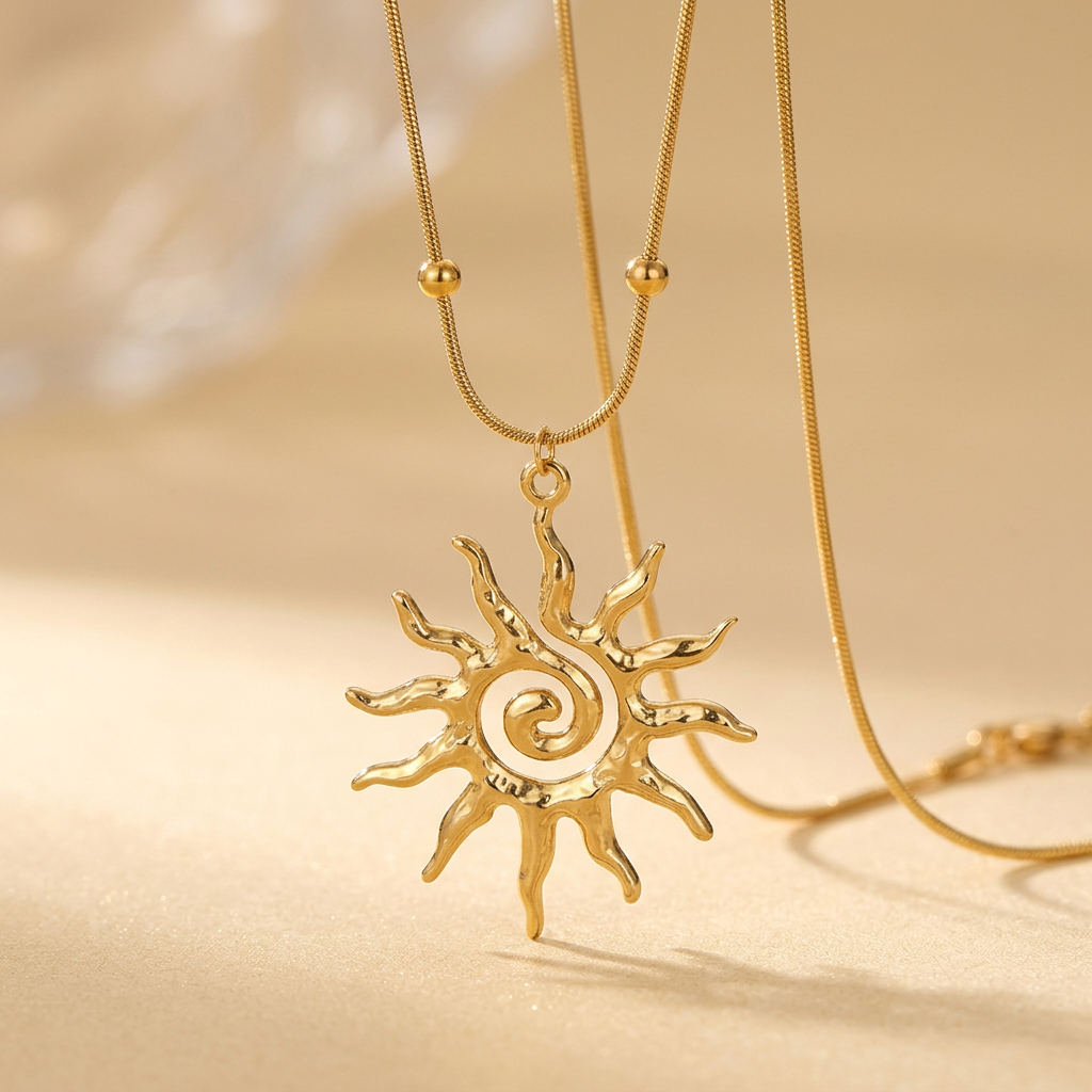 Gold-tone spiral sun pendant necklace with bead-detail chain