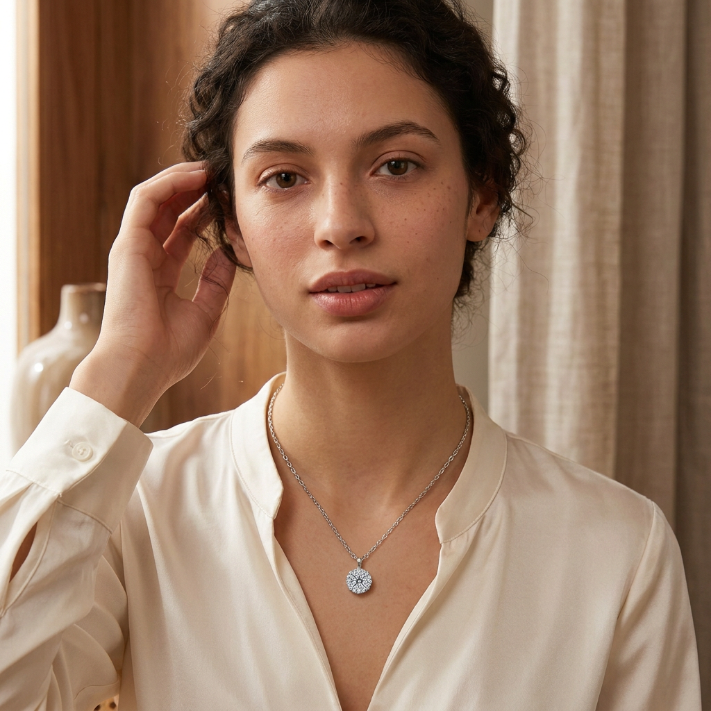 Model wearing 0.5 ct moissanite halo necklace, three-quarter pose