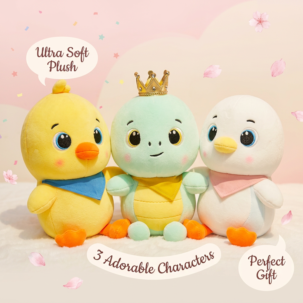 All three kawaii plushies together in dreamy pastel marketing shot