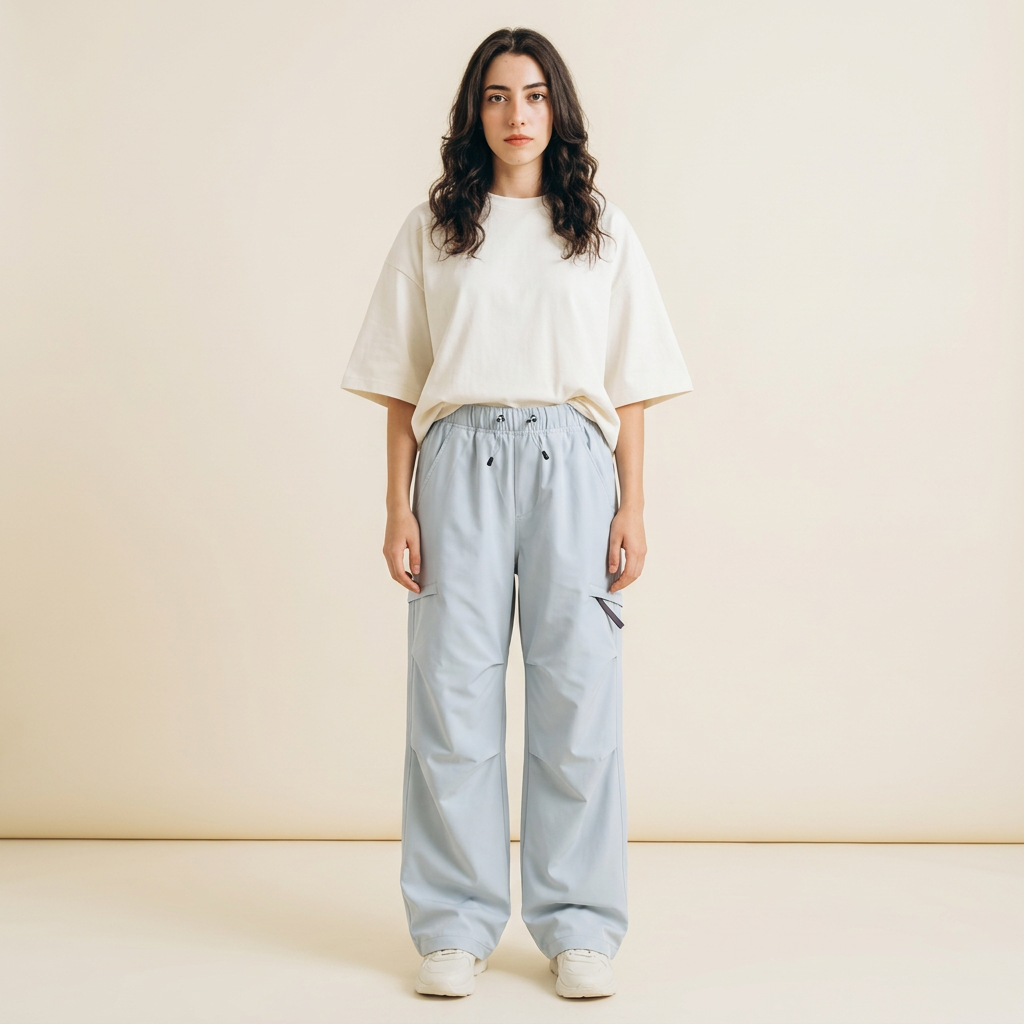 Moonlight Blue parachute cargo pants front fit