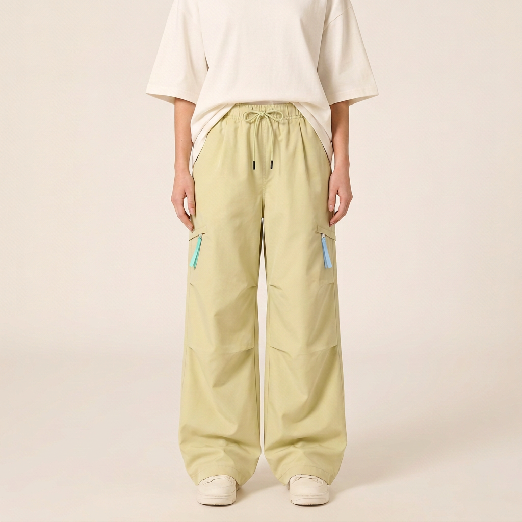 Light Yellow parachute cargo pants front fit