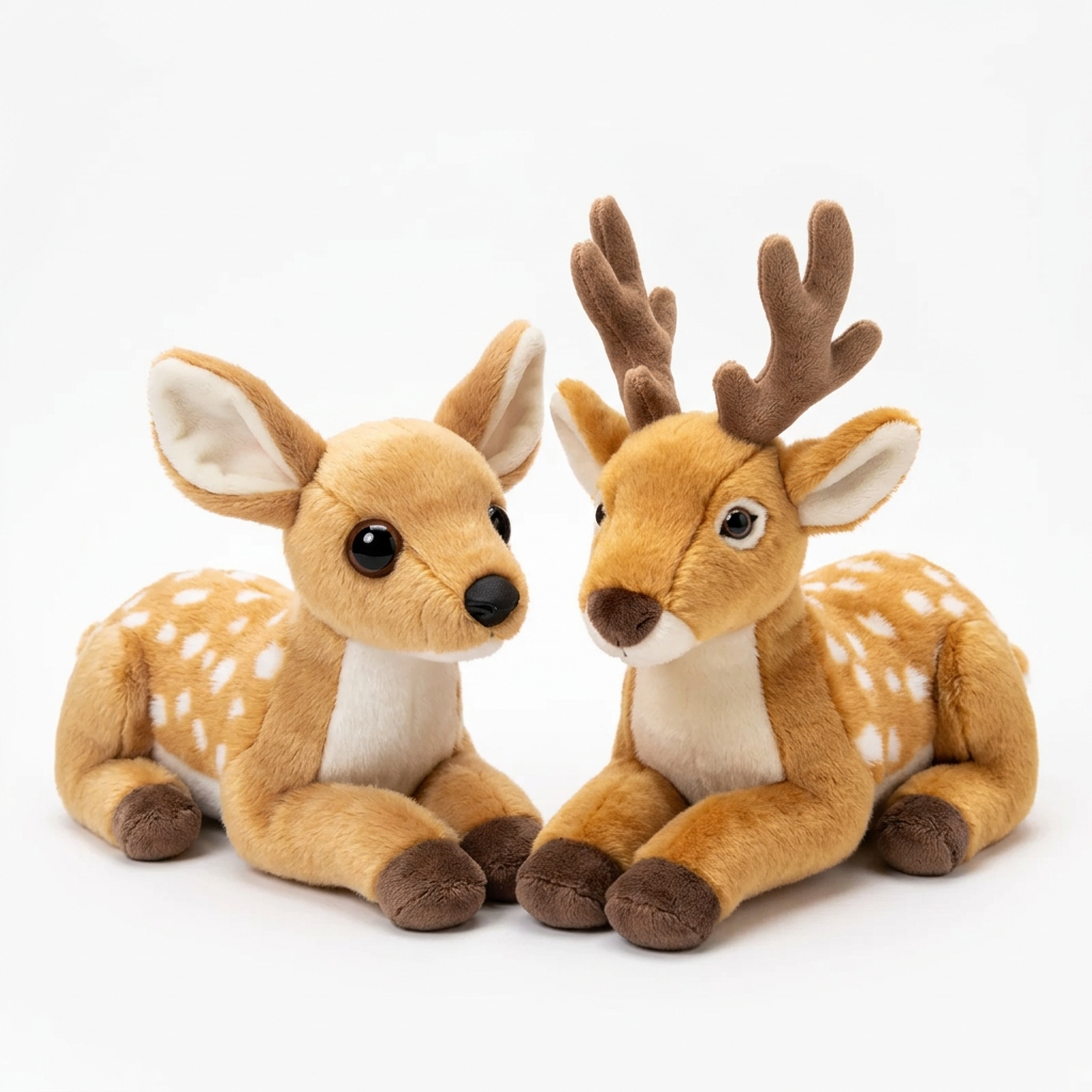 Male and female deer plushies together as a couple on clean white studio background