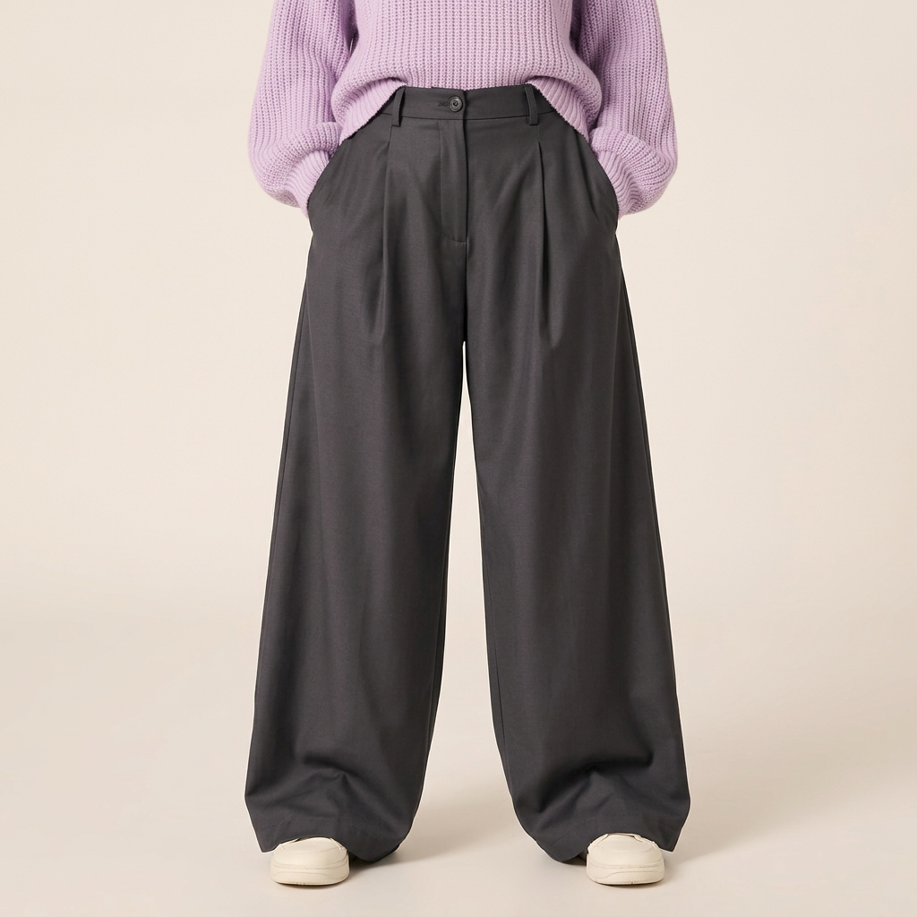 Gray oversized pleated trousers front showing wide leg volume