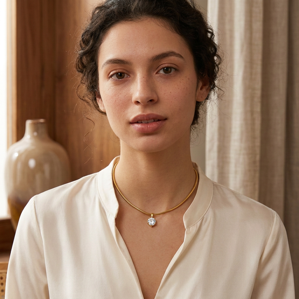 Woman wearing a round solitaire snake chain choker