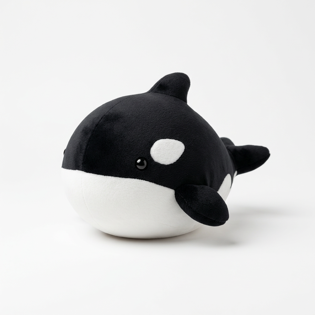 Black orca kawaii whale plushie on clean white studio background