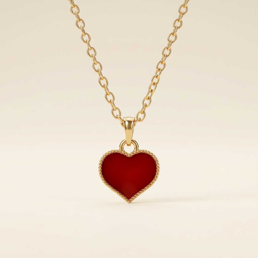 Red enamel heart necklace with gold-tone chain on ivory