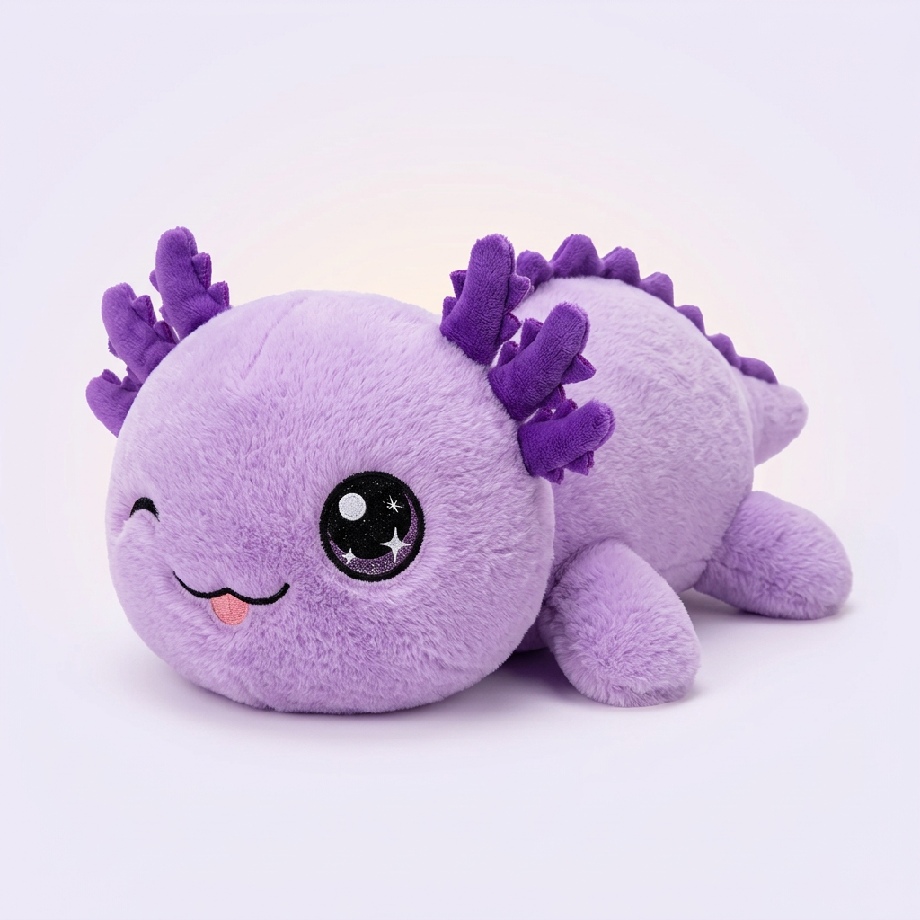 Purple kawaii axolotl plushie on lavender white background