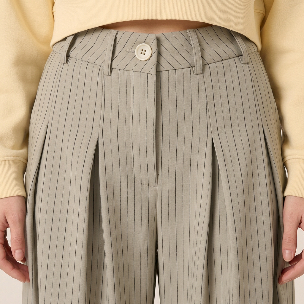 Khaki striped trousers, waistband button and front pleat detail