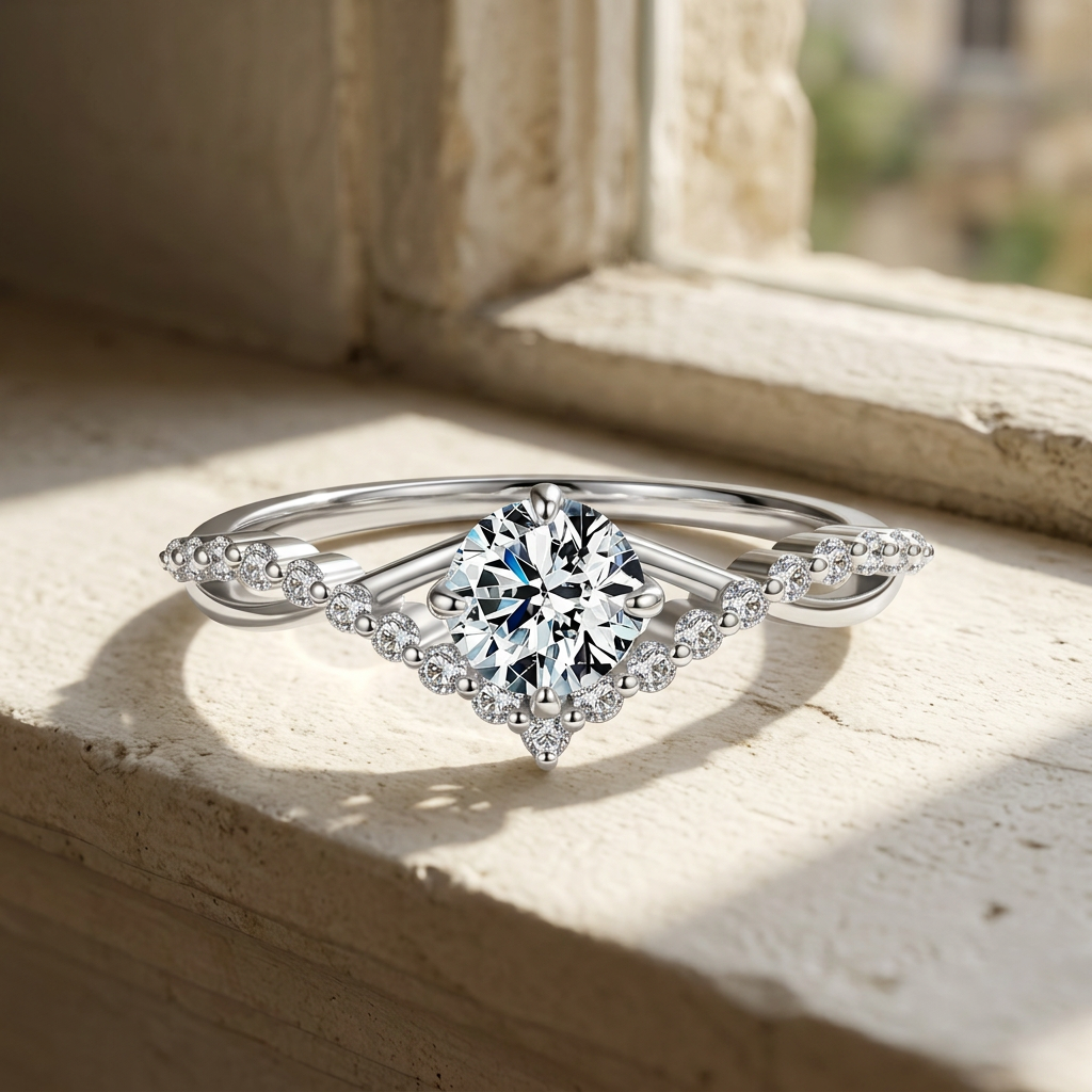 Silver moissanite crown ring on ivory stone