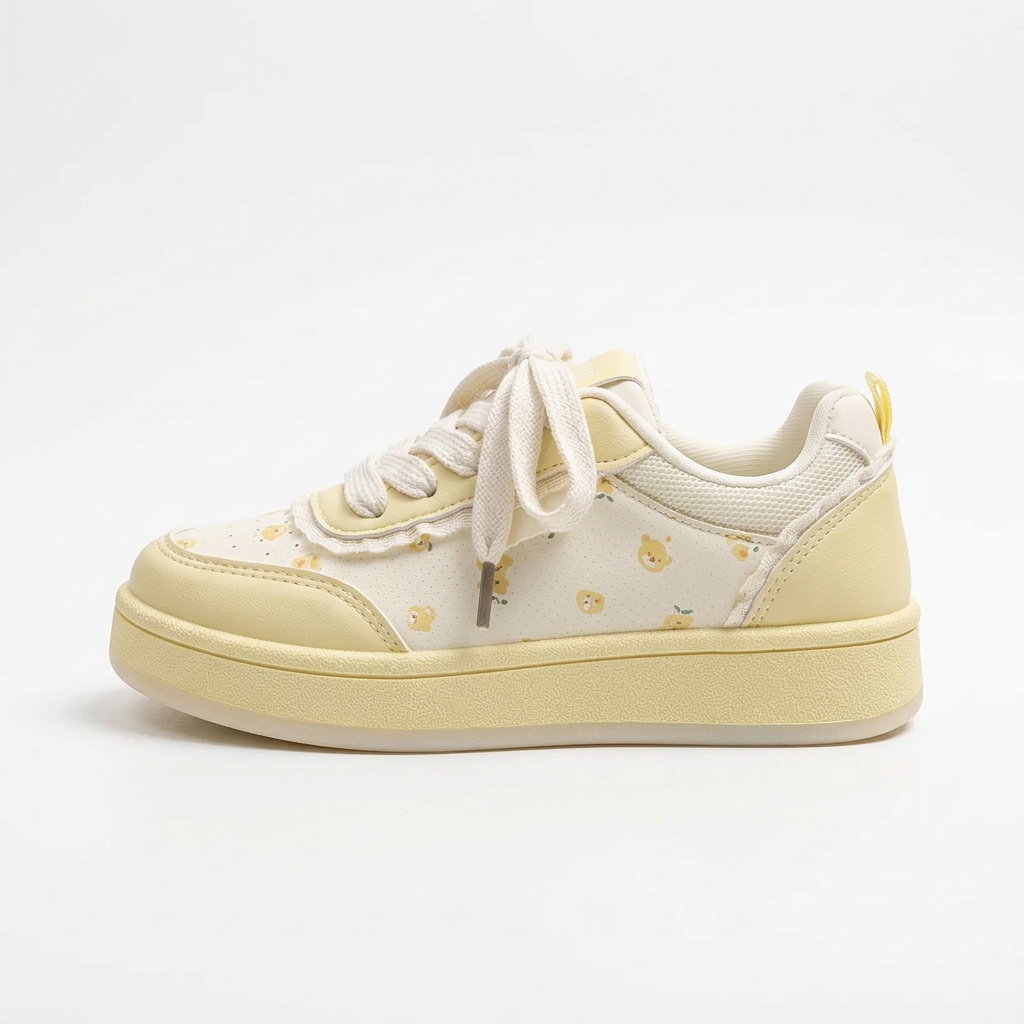 Butter yellow kawaii platform sneakers side view on white background