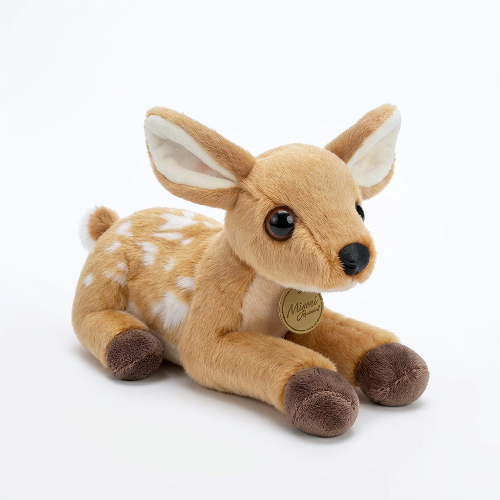 Female doe deer plushie 25cm on clean white studio background
