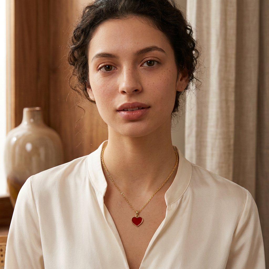 Woman wearing a red enamel heart necklace