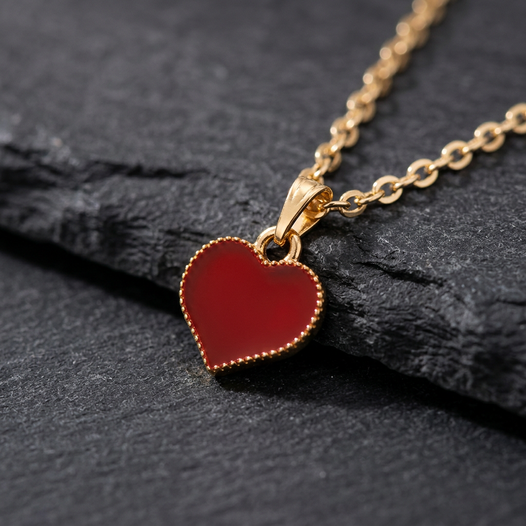 Red enamel heart with beaded gold-tone border on charcoal stone
