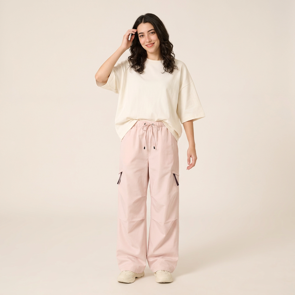 Pink parachute cargo pants with oversized ivory tee