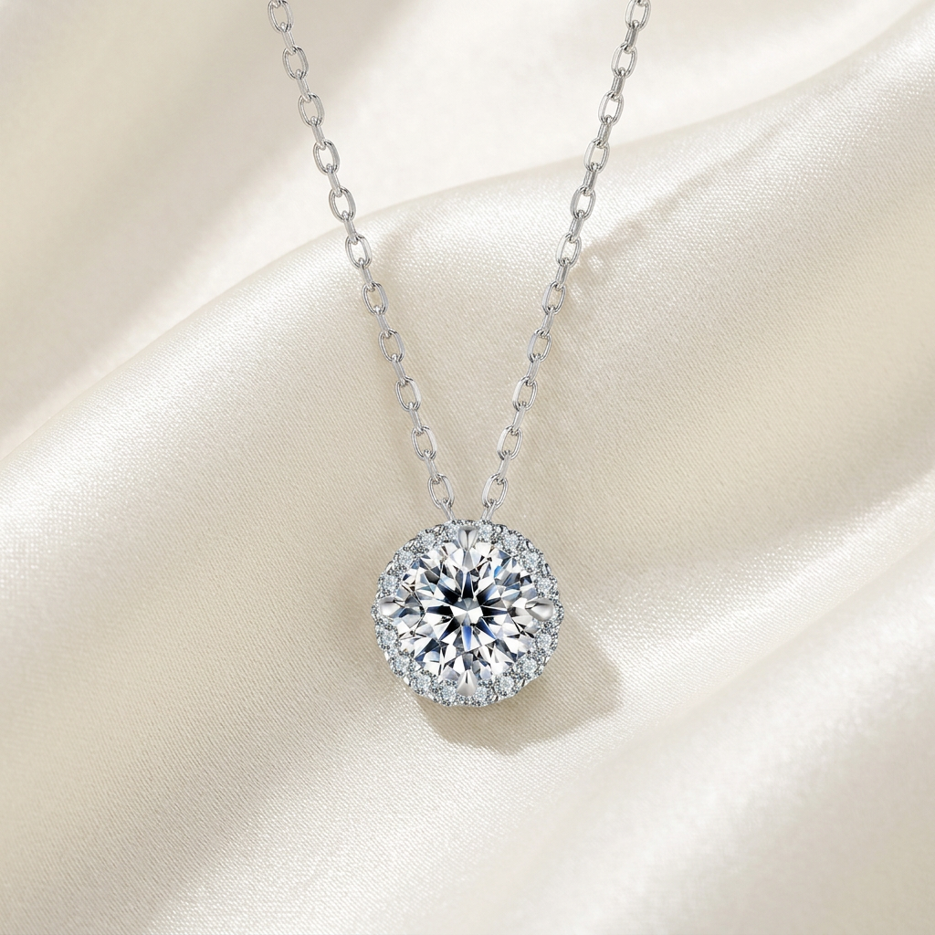 1.0 ct moissanite halo necklace on ivory satin